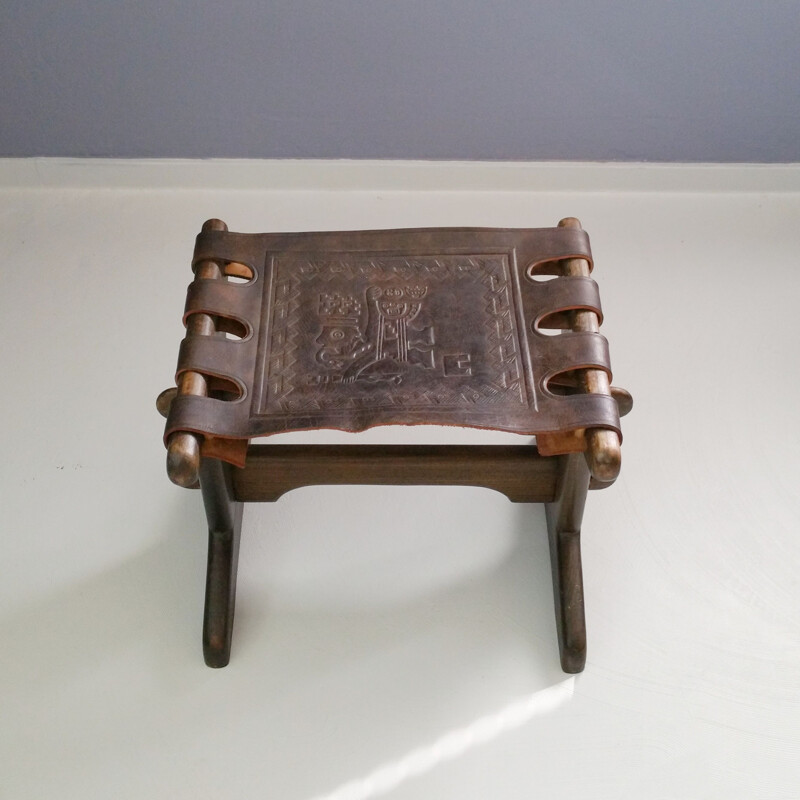 Vintage foot stool in leather & wood by Angel I. Pazmino for Muebles de Estilo 1960s