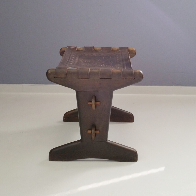 Vintage foot stool in leather & wood by Angel I. Pazmino for Muebles de Estilo 1960s