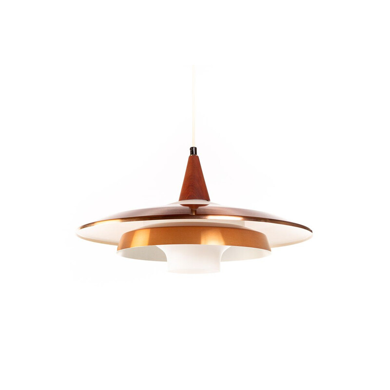 Vintage danish pendant lamp in copper opaline glass and teak 1960