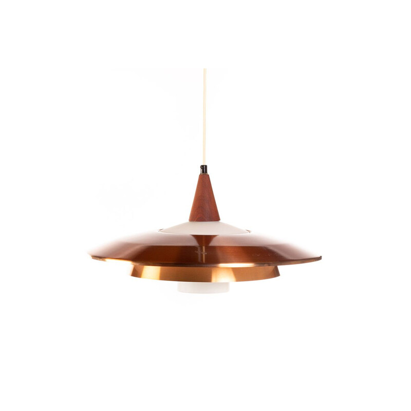 Suspension vintage danoise en opaline cuivre et teck 1960