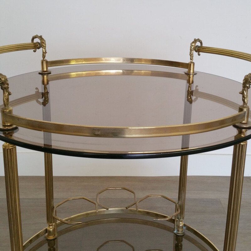 Vintage round brass and smoked glass bar cart trolley 1960