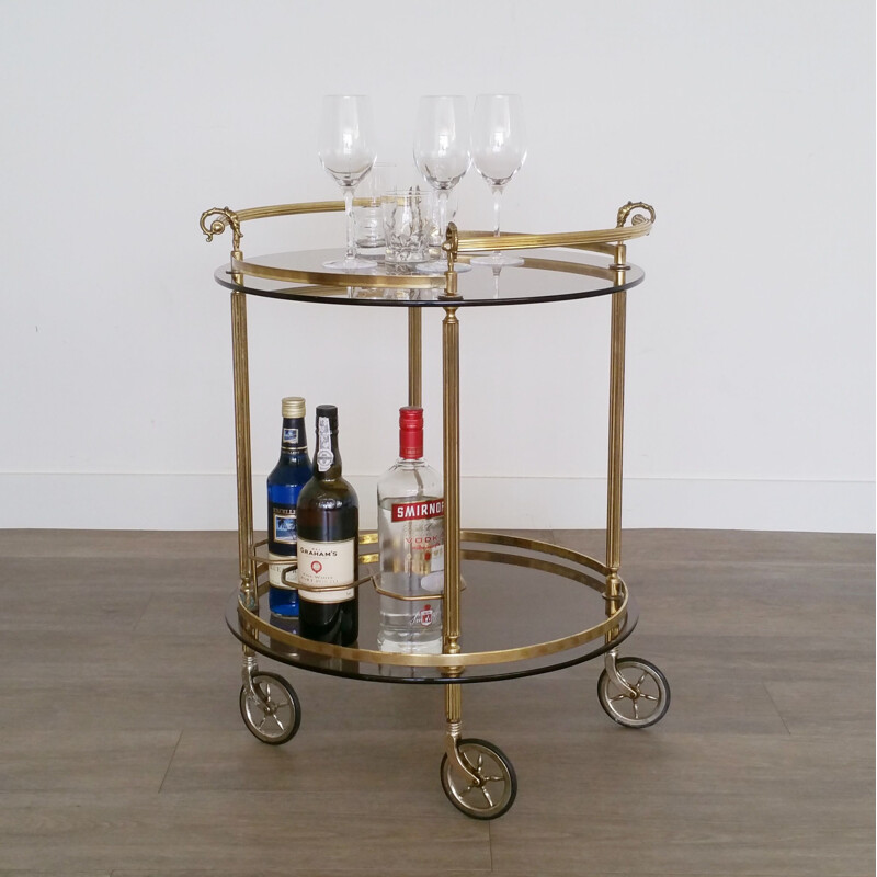 Vintage round brass and smoked glass bar cart trolley 1960