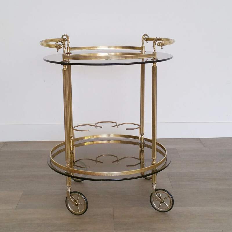 Vintage round brass and smoked glass bar cart trolley 1960