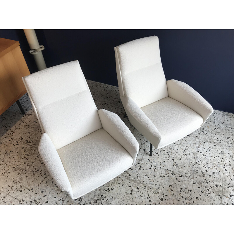 Pair of vintage armchairs by Guy Besnard for Delor in white fabric and metal 1950