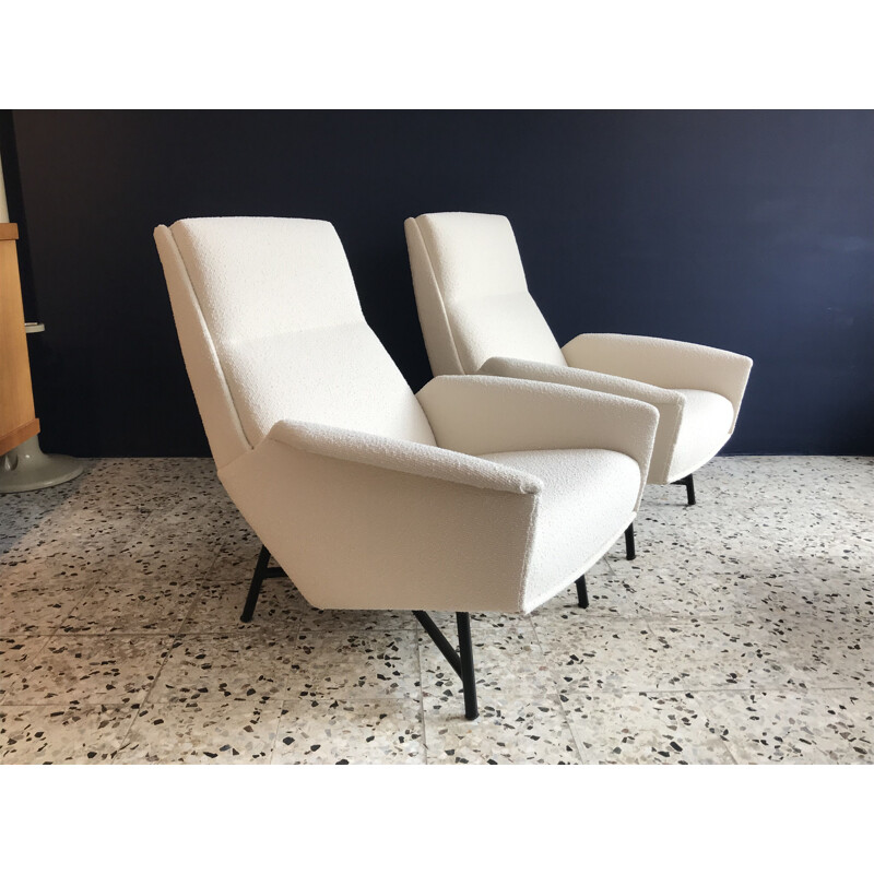 Pair of vintage armchairs by Guy Besnard for Delor in white fabric and metal 1950