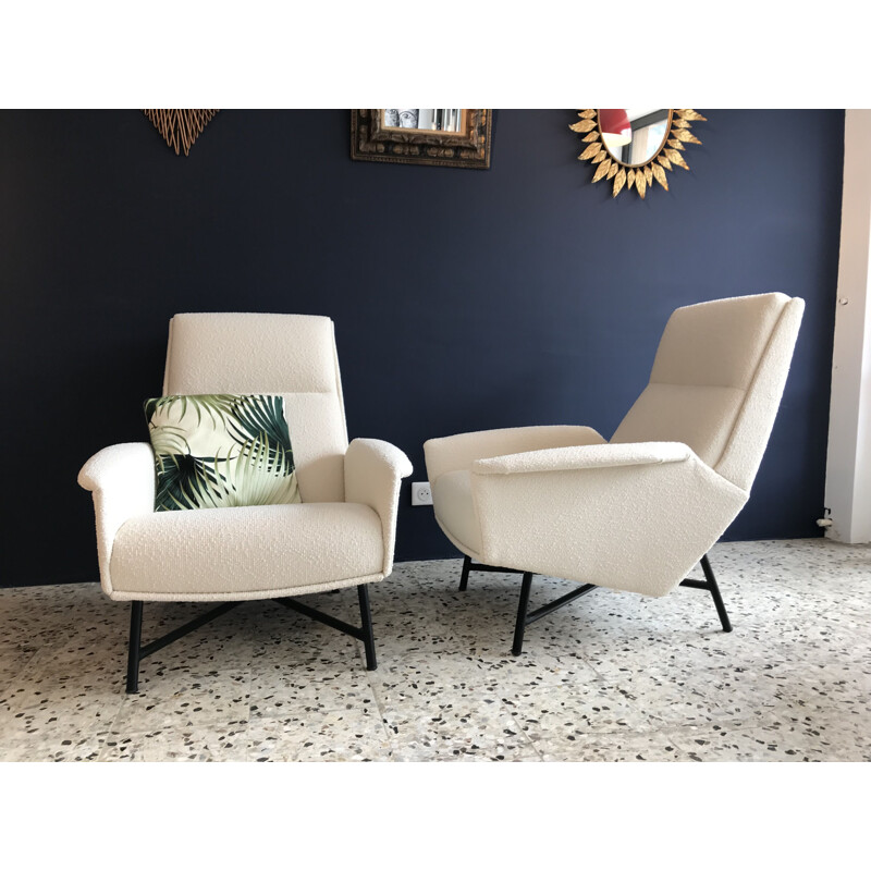 Pair of vintage armchairs by Guy Besnard for Delor in white fabric and metal 1950