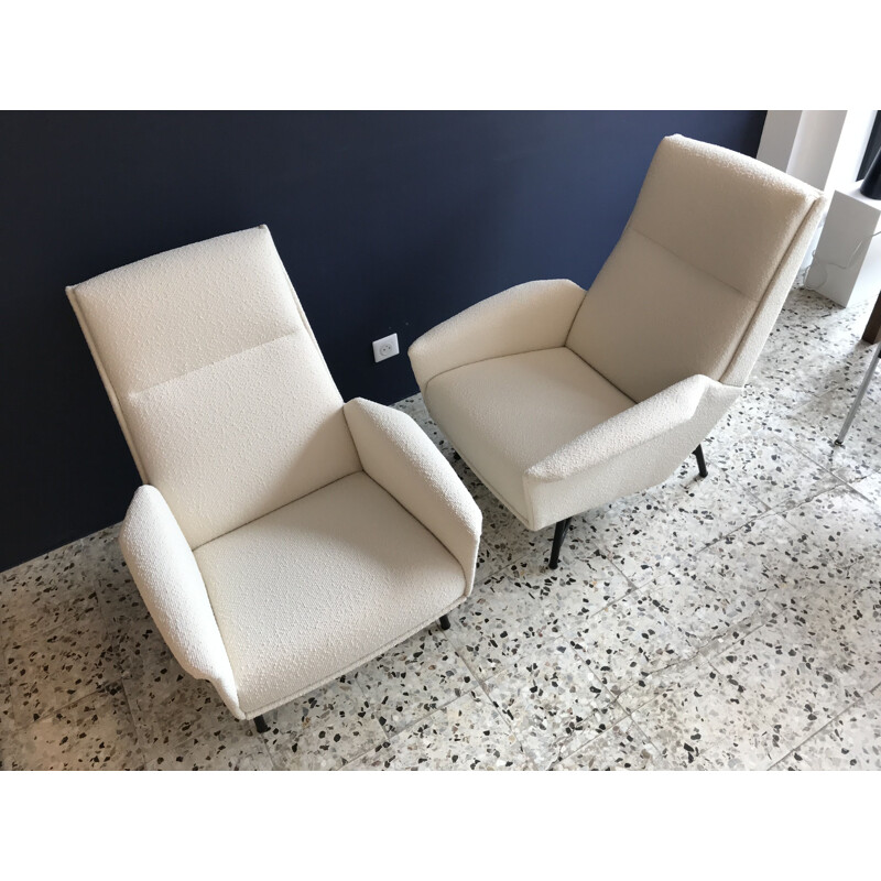 Pair of vintage armchairs by Guy Besnard for Delor in white fabric and metal 1950