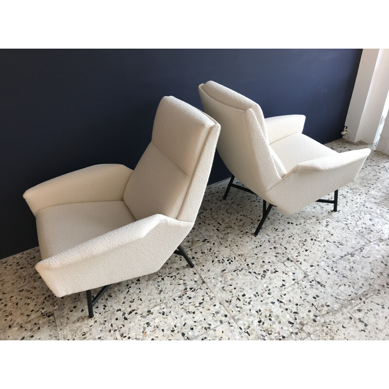 Pair of vintage armchairs by Guy Besnard for Delor in white fabric and metal 1950
