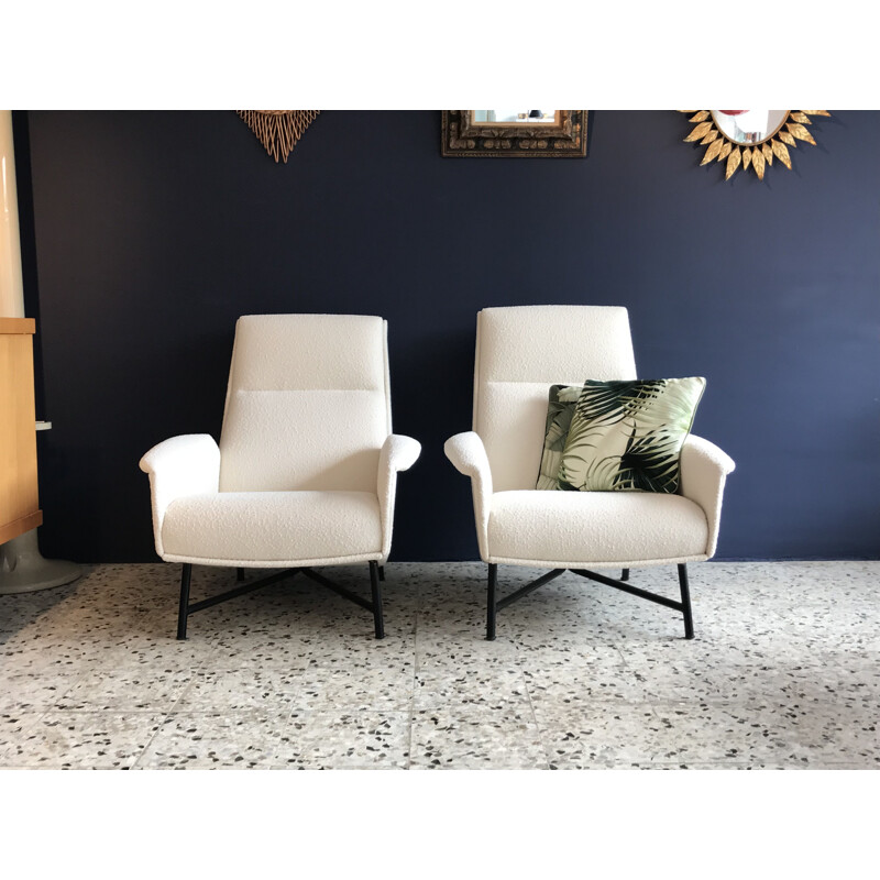 Pair of vintage armchairs by Guy Besnard for Delor in white fabric and metal 1950