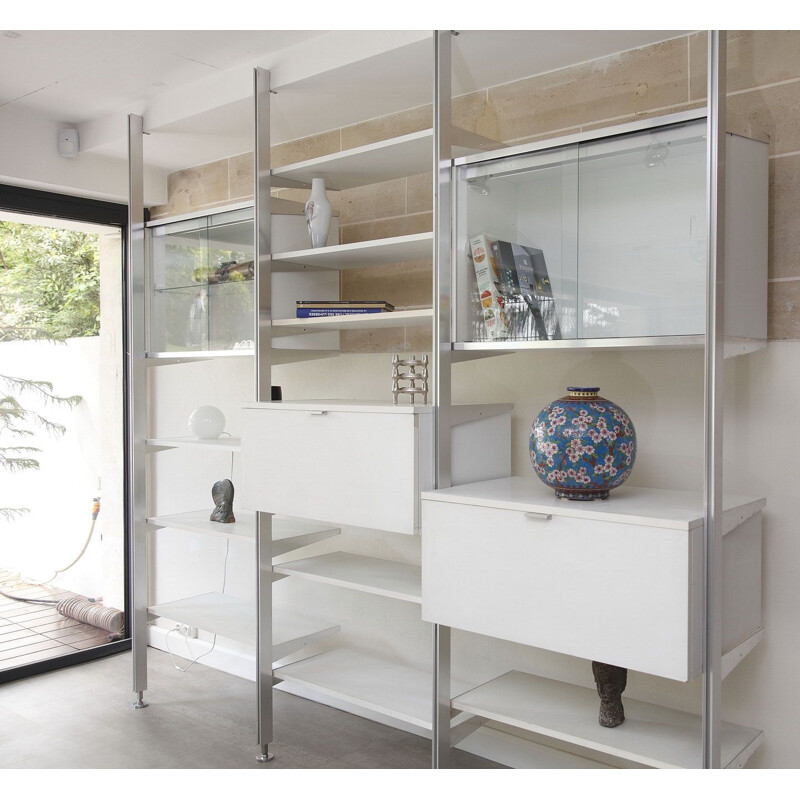 Vintage bookcase in white lacquered wood and metal 1970