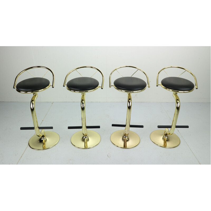 Set of 4 brass and black faux leather bar stools