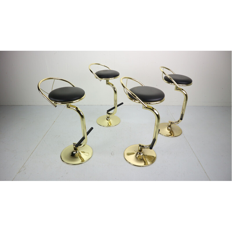 Set of 4 brass and black faux leather bar stools