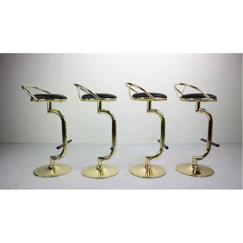 Set of 4 brass and black faux leather bar stools