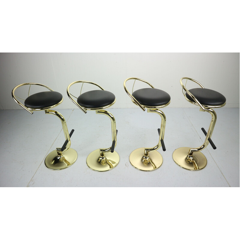 Set of 4 brass and black faux leather bar stools