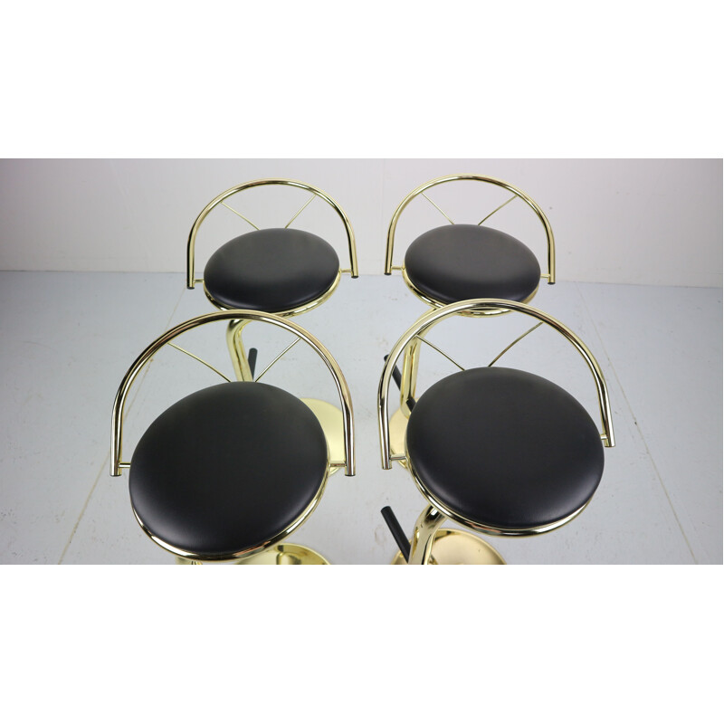 Set of 4 brass and black faux leather bar stools