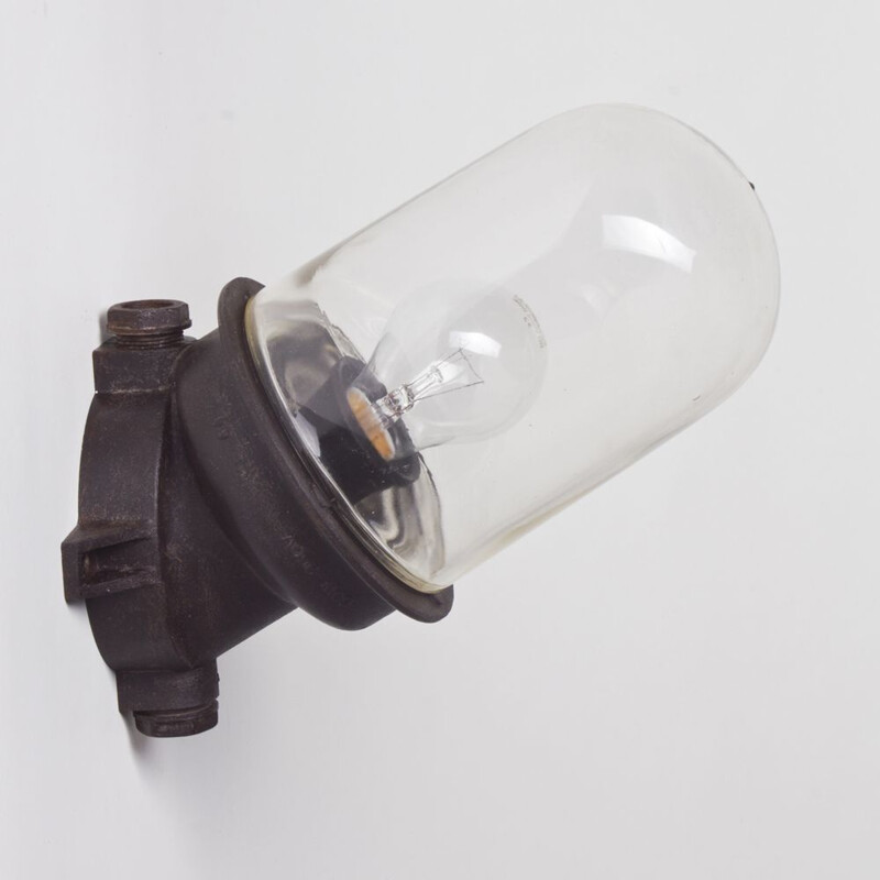 Vintage wall lamp in brown bakelite and industrial glass 1950