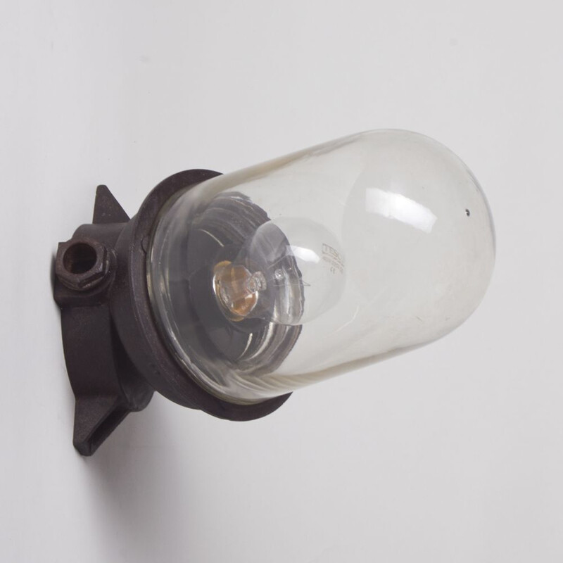Vintage wall lamp in brown bakelite and industrial glass 1950
