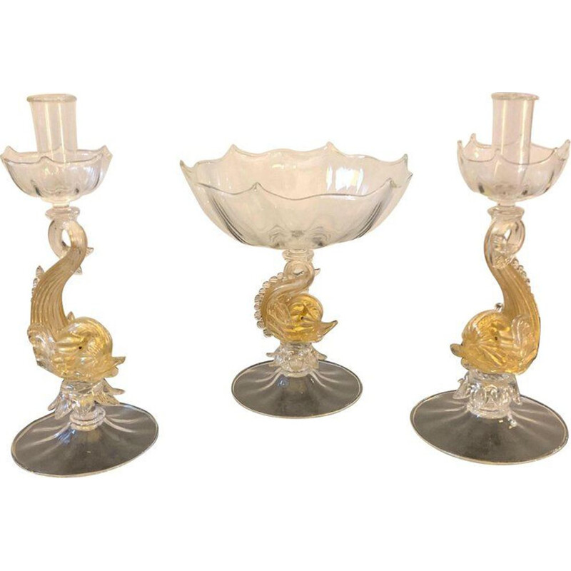 Pair of vintage candlesticks in Murano glass, with centerpiece