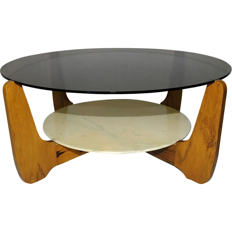 Vintage coffee table in glass, marble and rosewood by Hugues Poignant 1960s