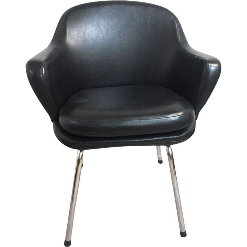 Vintage office armchair in black leatherette and chrome 1970