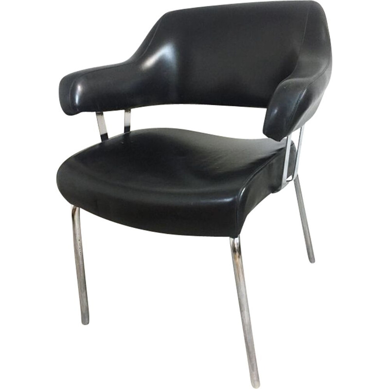 French vintage armchair in black leatherette and metal 1970