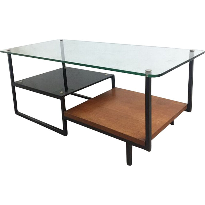 Vintage coffee table in glass and teak Germany 1960