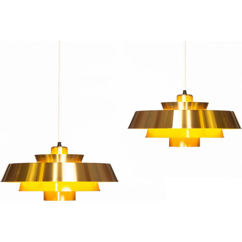 Set of 2 vintage hanging lamps in brass Nova by Jo Hammerborg for Fog & Mørup 1960s