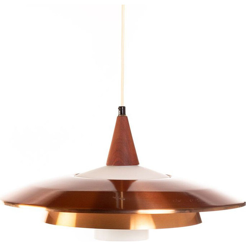 Vintage danish pendant lamp in copper opaline glass and teak 1960