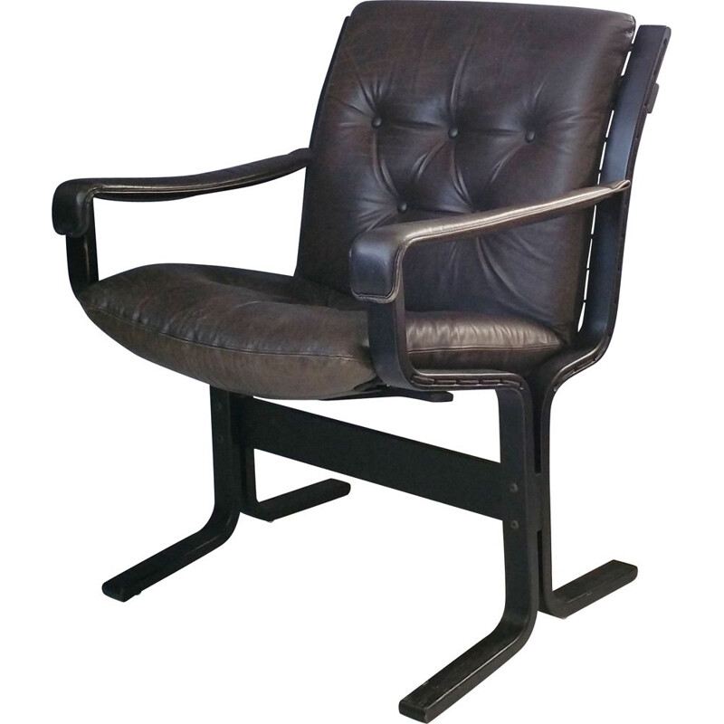 Vintage Siesta armchair for Westnofa in black leather and beechwood 1960