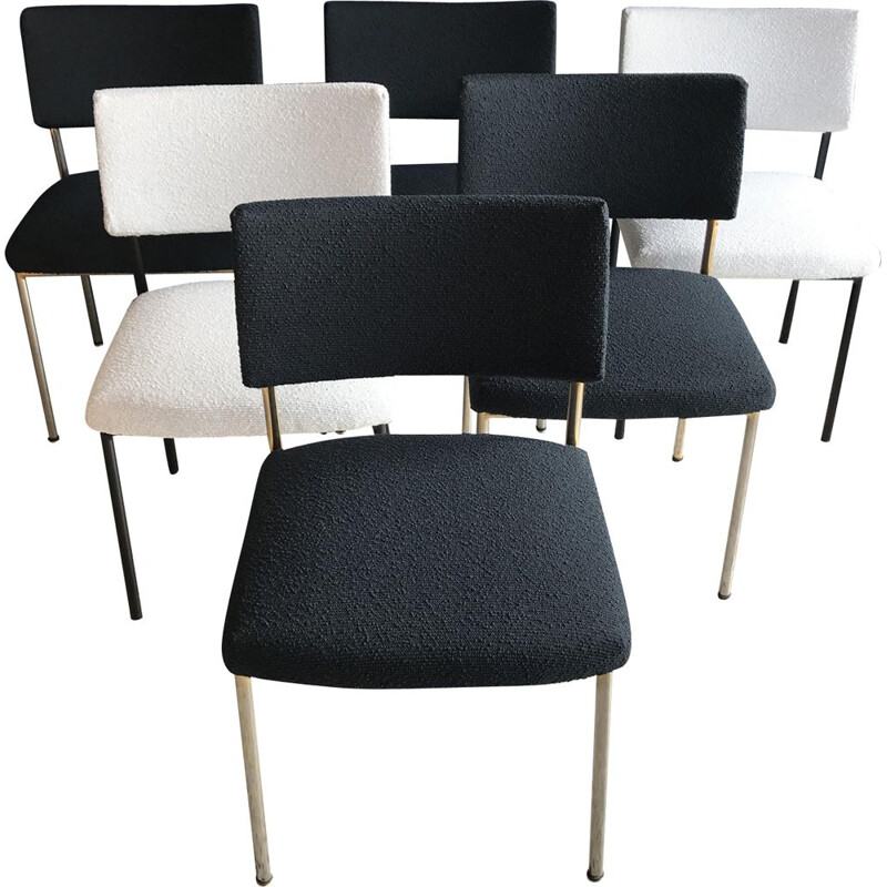 Set of 6 vintage 764 chairs for Steiner in black and white fabric and metal 1960
