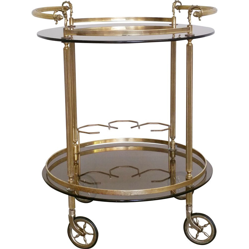 Vintage round brass and smoked glass bar cart trolley 1960