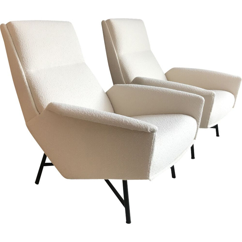 Pair of vintage armchairs by Guy Besnard for Delor in white fabric and metal 1950