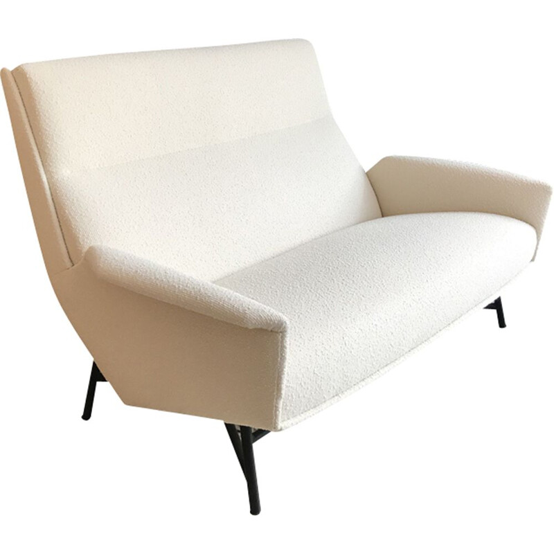 Vintage sofa by Guy Besnard for Delor in white fabric and metal 1950