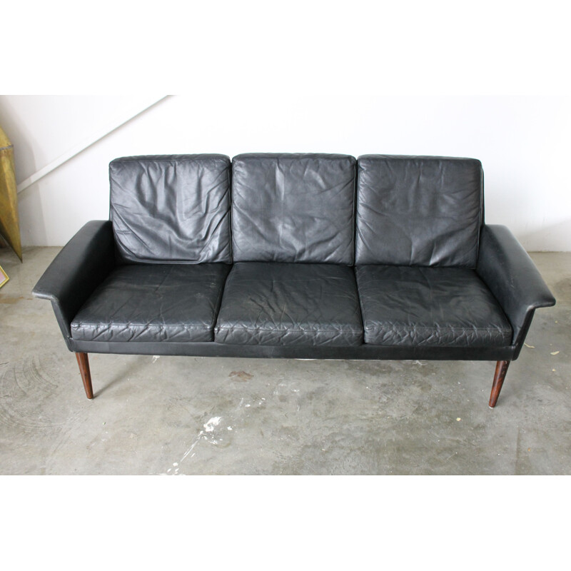 Vintage black leather 3 seater sofa by H. W Klein for Bramin 1960s