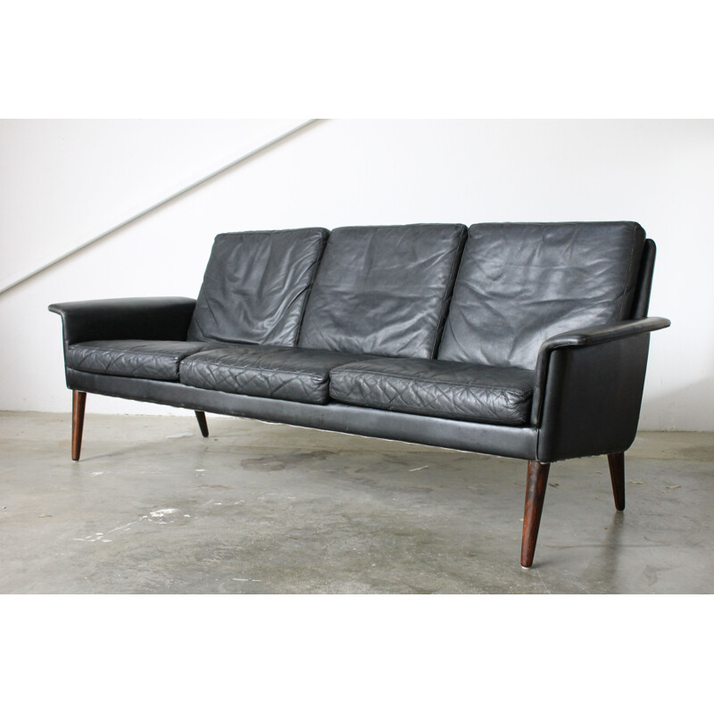 Vintage black leather 3 seater sofa by H. W Klein for Bramin 1960s
