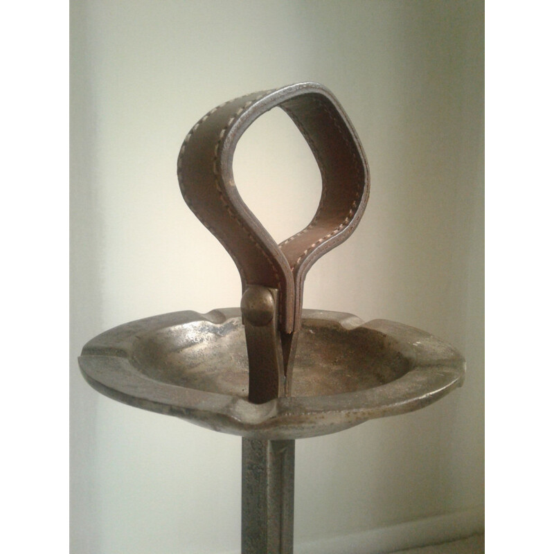 French vintage ashtray by Jacques Adnet in metal and leather 1950