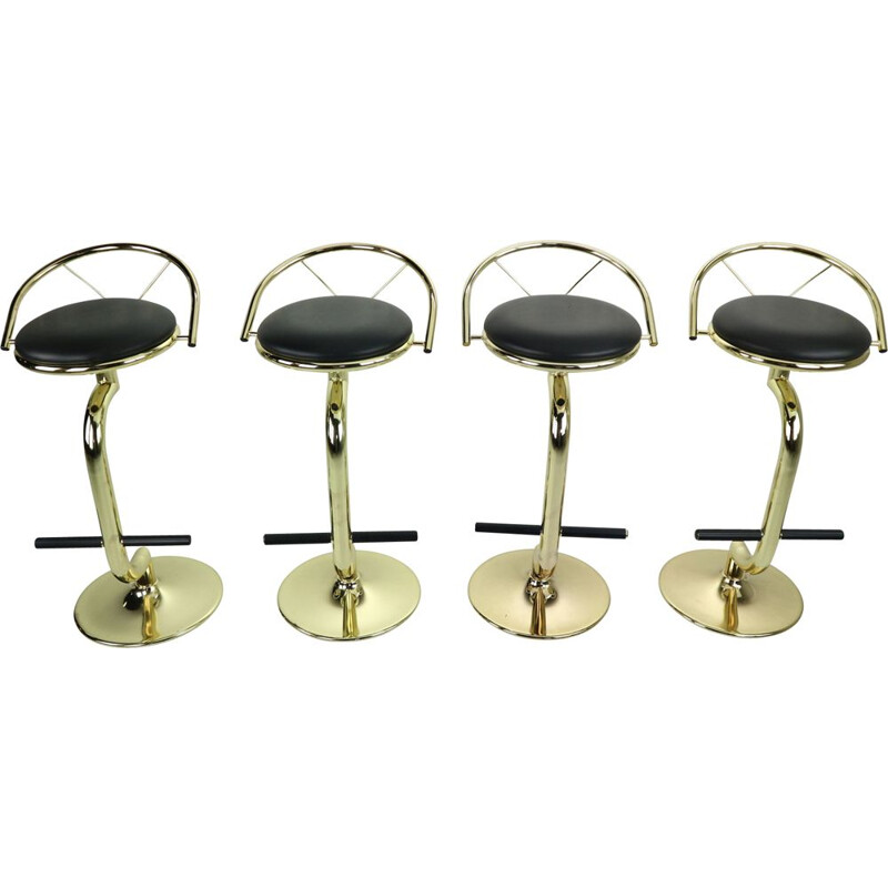 Suite de 4 tabourets vintage de bar en laiton et simili cuir noir