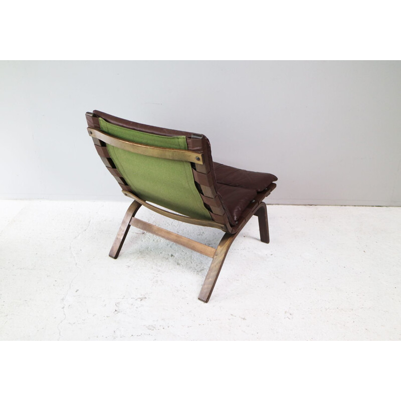 Vintage danish lounge chair in brown leather and beechwood 1960