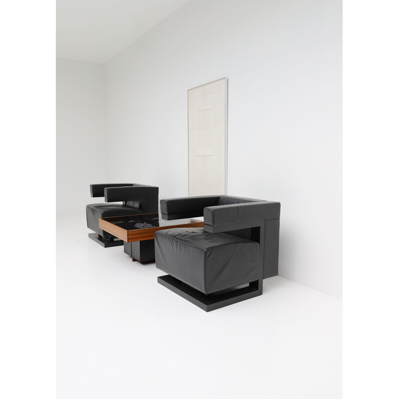 Paire de fauteuils vintage F51 pour Tecta en cuir noir et bois
