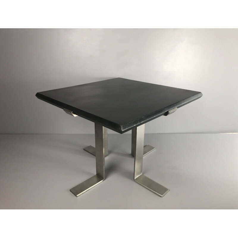 French vintage coffee table in stainless steel and wood repainted in black 1970