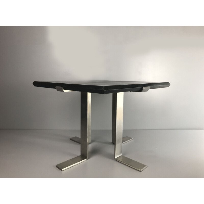 French vintage coffee table in stainless steel and wood repainted in black 1970