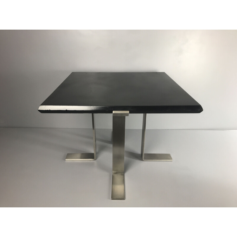 French vintage coffee table in stainless steel and wood repainted in black 1970