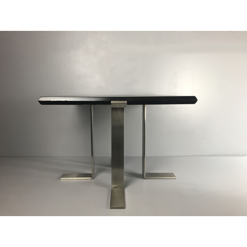 Table basse vintage française en inox et bois relaqué en noir 1970