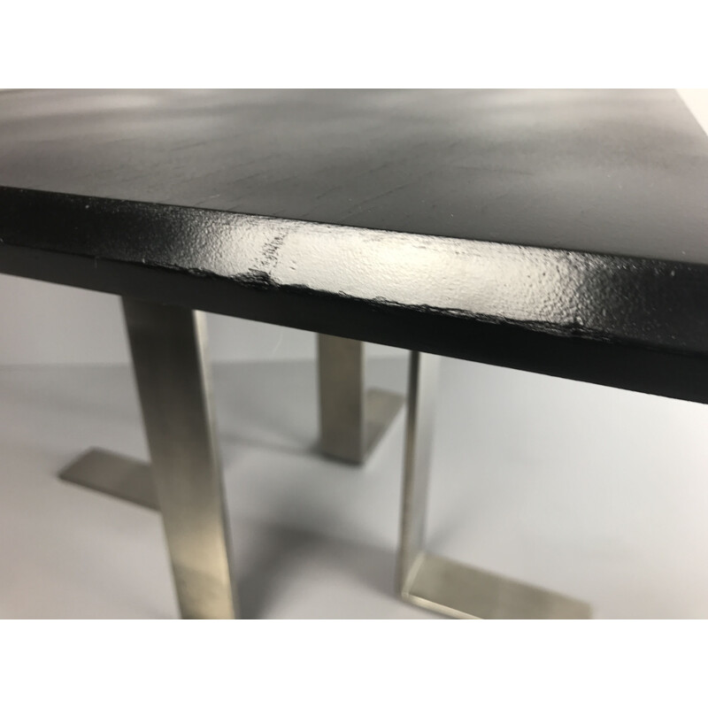 French vintage coffee table in stainless steel and wood repainted in black 1970