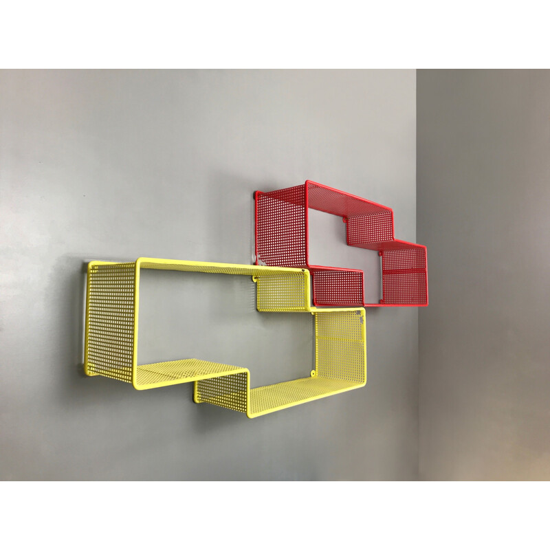 Pair of vintage shelves by Matégot in yellow and red lacquered metal 1950