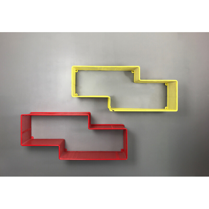 Pair of vintage shelves by Matégot in yellow and red lacquered metal 1950