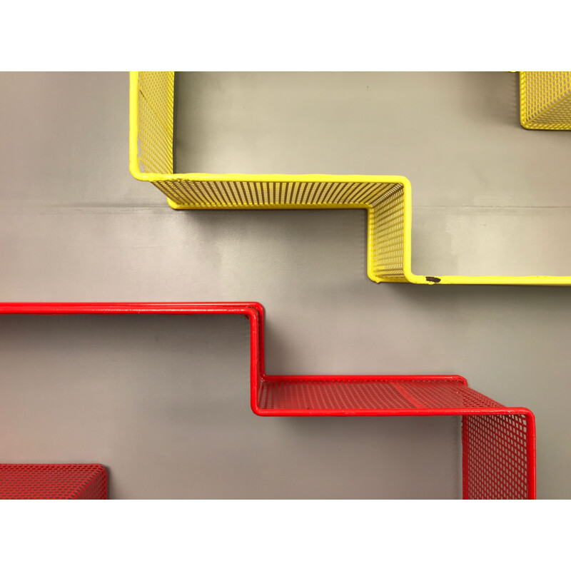 Pair of vintage shelves by Matégot in yellow and red lacquered metal 1950