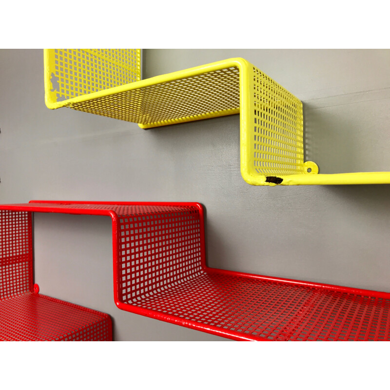 Pair of vintage shelves by Matégot in yellow and red lacquered metal 1950