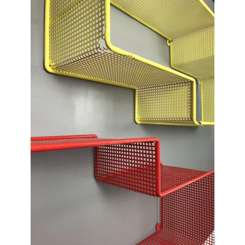 Pair of vintage shelves by Matégot in yellow and red lacquered metal 1950