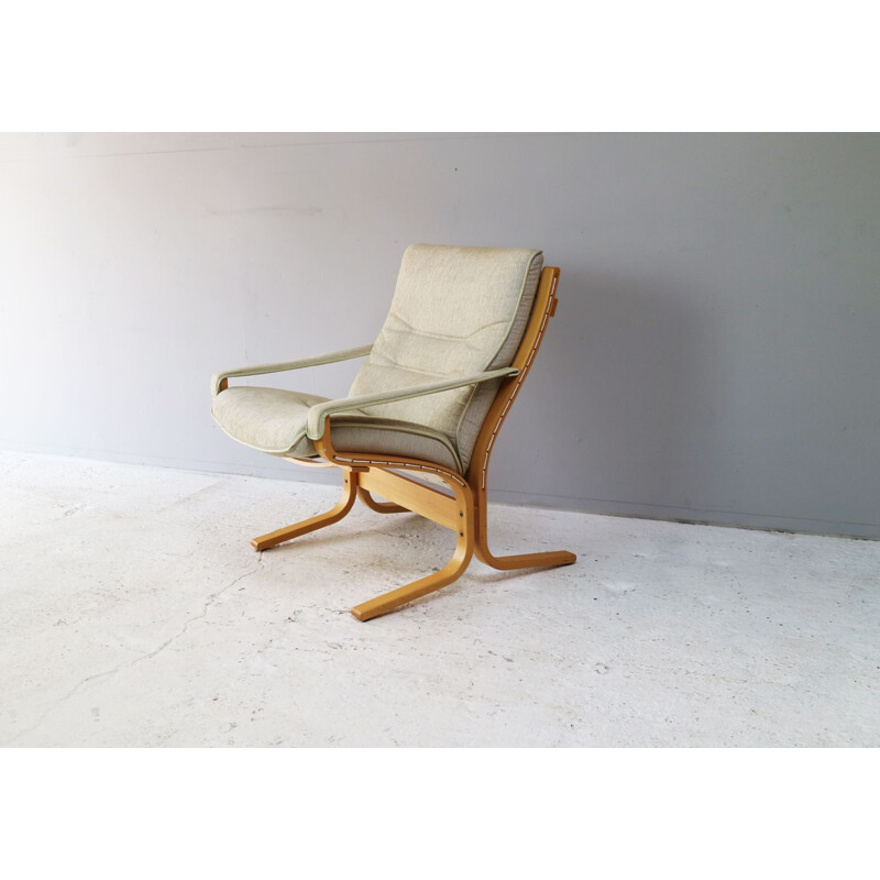 Fauteuil vintage danois en bois courbé et tissu beige 1970